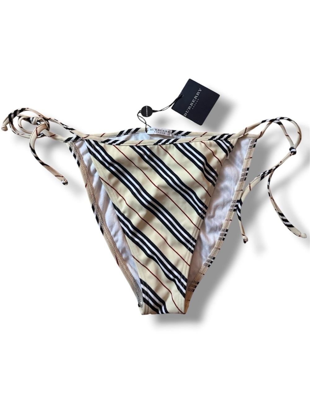 Burberry Cream-Beige Stripe Tie-Side Bikini Bottom. Size L. Brand New with Tags